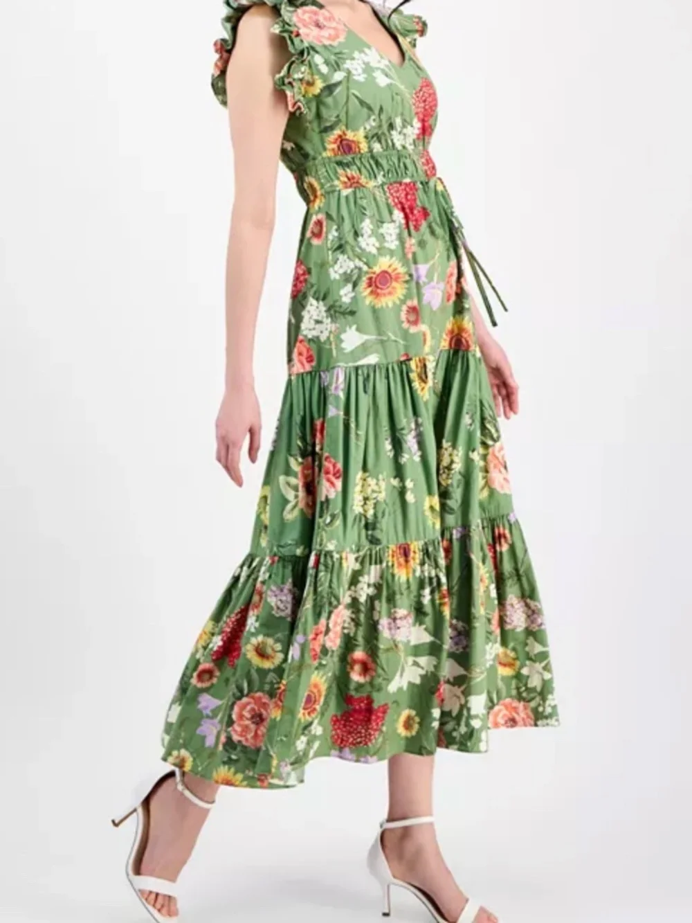 Anne Klein Green Floral Tiered Midi Dress Cottagecore Garden Party Large - Picture 11 of 13